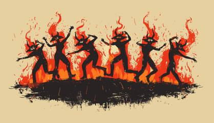 dancing red devils walking around with demon horns and hoofs, fire, print or card for Halloween, spooky, horror, mystery concept, Diabolical entities with fiery gaze, eerie shadows, infernal ambiance.