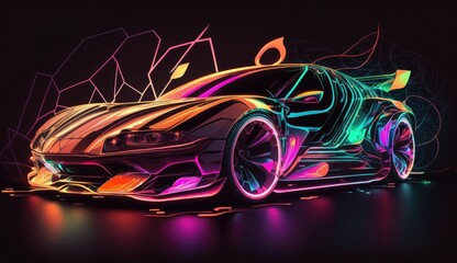 a closeup futuristic car with sleek lines and neon-colored lights, set against a dark, an abstract neon design of a glowing, abstract background