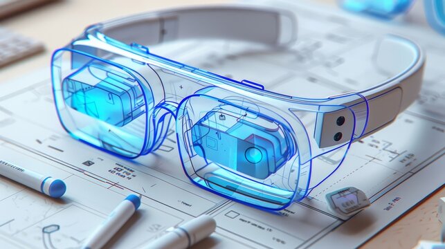 A pair of transparent augmented reality glasses are placed on top of a blueprint.