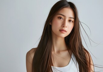 Fototapeta premium Beautiful young woman with flowing long brown hair on a White Background.