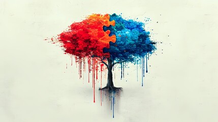 Colorful watercolor painting of a tree made of two puzzle pieces.