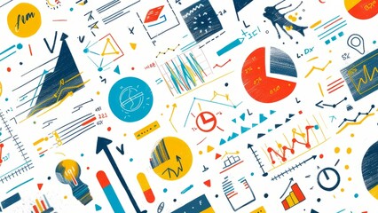A seamless pattern of hand-drawn charts, graphs, diagrams, and other data visualizations.