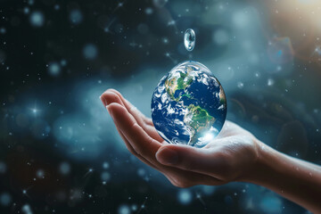 A hand lifting a water drop against the cosmos Earth visible within symbolizing global responsibility 