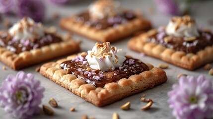  A table laden with various sweet treats smothered in chocolate and marshmallows, then crowned with whipped cream