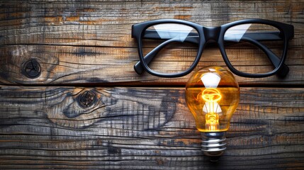 Black horn-rimmed glasses sit above an illuminated light bulb on a wooden background.