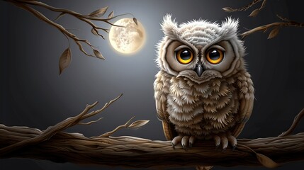   An owl perched on a tree branch, under a luminous full moon in the background