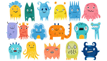 Cute Tiny Little Doodle Monsters, Hand-drawn, Cheerful face emotions, Colorful big Vector set, Trendy illustration for kids, All elements are isolated. Whimsical characters, Playful design, Cartoon