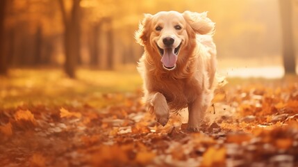 Happy golden retriever dog on Autumn nature background, wide web banner. Autumn activities for dogs.