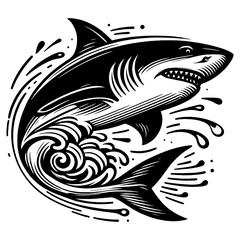 Obraz premium shark surrounded by ocean waves and abstract sea elements tattoo sketch engraving generative ai fictional character PNG illustration. Scratch board imitation. Black and white image. T-shirt design