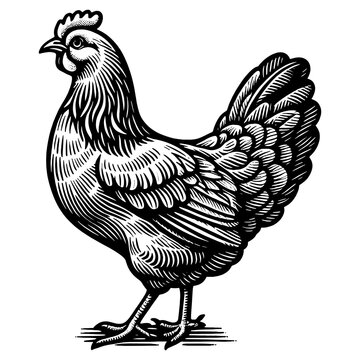 recommend clip art: Chicken hen poultry bird farm animal sketch engraving generative ai fictional character PNG illustration. Scratch board imitation. Black and white image.
