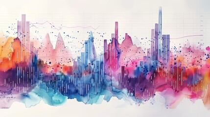 A watercolor painting of a city skyline with a glowing pink and blue color scheme. The painting is done in a loose and abstract style.
