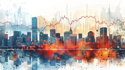 A watercolor painting of a city skyline with a red and blue gradient background.