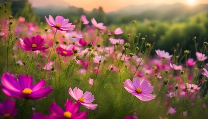 Obraz premium Spring wild meadow clover flowers, violet and golden colors, macro, soft focus. Flowers in the sun glow with beautiful bokeh, copy space. Floral romantic magic artistic image spring nature, stock 
