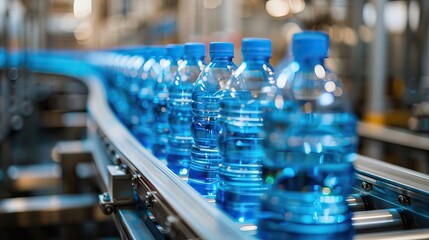 The new plastic bottles in the conveyor belt at the water drinking factory. Drinking water water manufacturing process. AI generated illustration