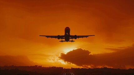 Fototapeta na wymiar A stunning sunset silhouette of a passenger jet landing against an orange sky, embodying the romance and excitement of travel.