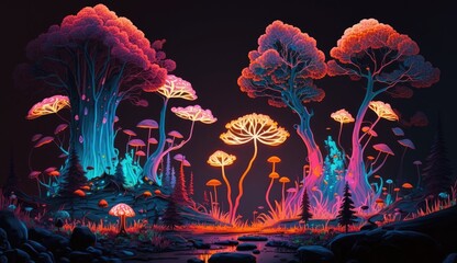 A graphics neon-infused landscape of a glowing, otherworldly forest with abstract trees and glowing, neon-colored flowers