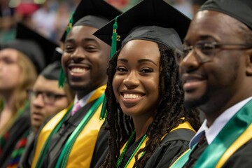 College student in cap and gown at graduation - obrazy, fototapety, plakaty