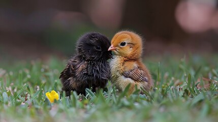 Obraz premium A pair of small chickens on a grassy field with a yellow flower nearby