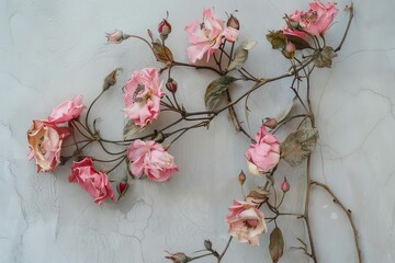 dried pink flowers on green vine delicate floral arrangement isolated