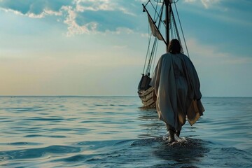 Jesus Christ Walking on Water Towards Boat Ship