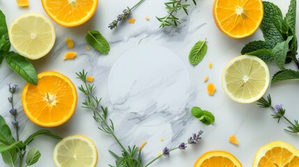 Fresh Citrus Fruits and Herbs on a Marble Background