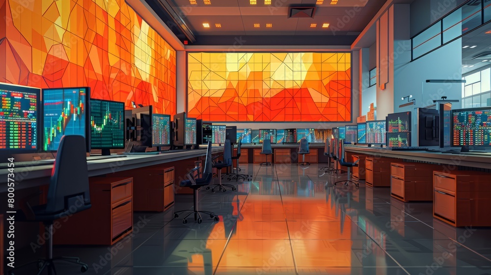 Poster an empty office space with a lot of computers on the desks. the room is lit by the orange light comi
