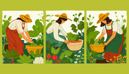Hand drawn Vector illustrations of people working in the garden or farm, harvesting, horticulture, gardening, seasonal agricultural work concept. Poster, print, design template. Farming, agriculture.