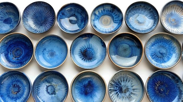   A set of cerulean vessels positioned atop a monochrome countertop adorned with multifarious azure swirls of varying configurations