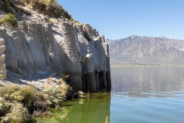 close up view to the mysterious stone formations at the bay of Crowley lake, California