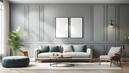 Frame mockup, 3 ISO A paper size. Living room wall poster mockup. Interior mockup with house background. Modern interior design. 3D render, photo, 3d render