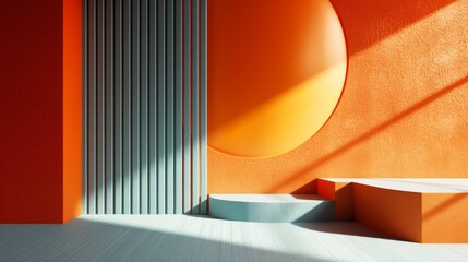An orange and blue geometric podium with a large circle on the back wall and a slatted wall on the left. - obrazy, fototapety, plakaty