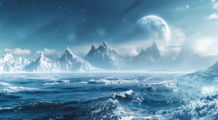 A planet with beautiful alien landscape. Extraterrestrial space travel to a different world