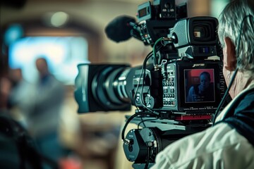 A man is filming a scene with a camera. The man is wearing a white jacket