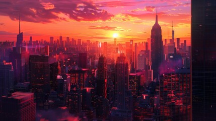 Fototapeta premium A symphony of colors as the sun sets behind a cluster of skyscrapers, casting a warm glow over the city skyline and urban landscape.