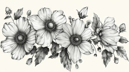  A white background features a drawing of black and white flowers, surrounded by colorful blooms in the foreground