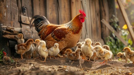A tender moment captured as a mother hen gently guides her chicks across the barnyard, imparting wisdom with each step.