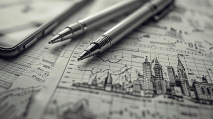 Black and white photo of two pens on a desk with a graph in the background.