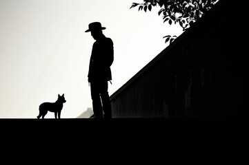 a dog and a man standing on a platform next to each other