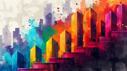 Colorful abstract painting of a cityscape with bright colors.