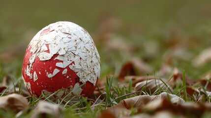 a red and white egg sitting in the grass