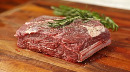 Fototapeta premium A close-up image highlighting the rich textures of a salted raw beef steak placed on a butcher block, exuding culinary craftsmanship