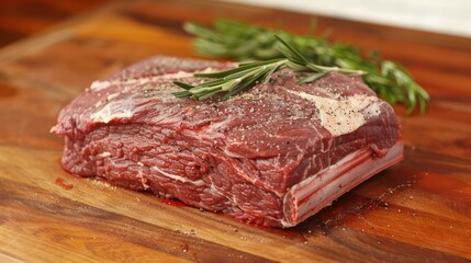 A close-up image highlighting the rich textures of a salted raw beef steak placed on a butcher block, exuding culinary craftsmanship