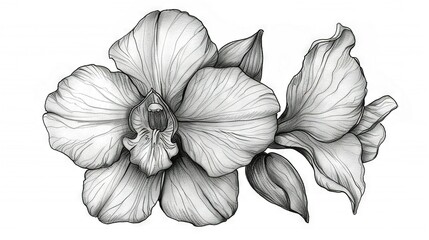   Black and white illustration of a bloom against a white backdrop with a monochrome line art depiction of the same flower
