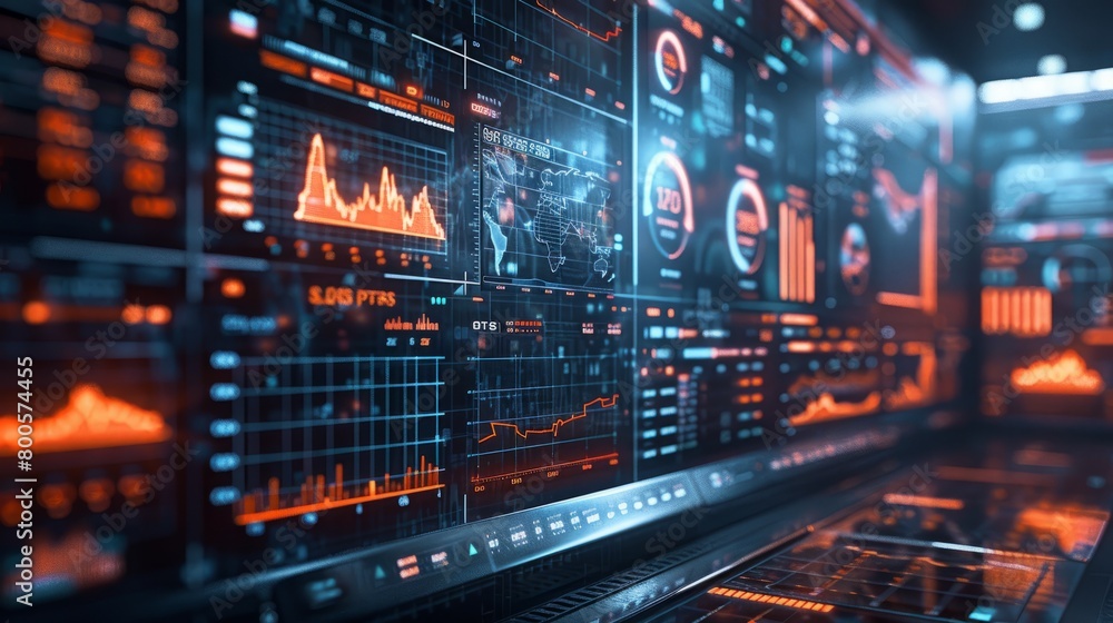 Poster futuristic dashboard with graphs, charts, and data.