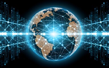 Fototapeta premium Digital world globe, concept of global network and connectivity on Earth, high speed data transfer and cyber technology, information exchange and international telecommunication. stock photos