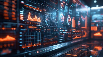 Futuristic dashboard with graphs, charts, and data.