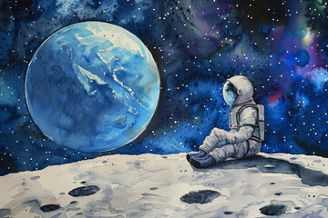 Obraz premium A lonely astronaut sitting on the moon, looking at the Earth, watercolor illustration 
