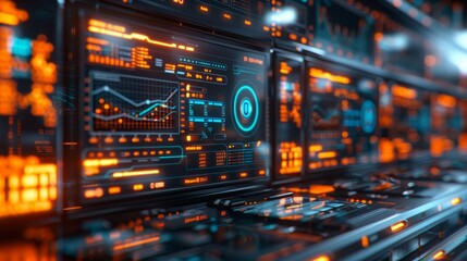 Obraz premium Futuristic spaceship control panel with orange and blue lights