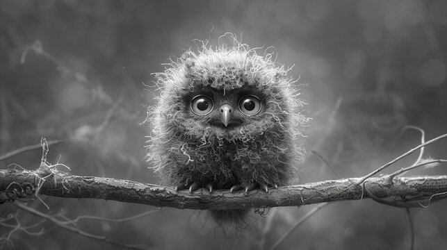   Black and white photo of baby owl on branch with eyes opened to the camera