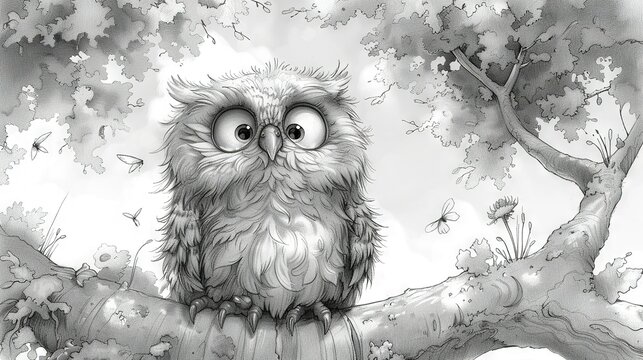   A monochromatic illustration depicts an owl perched on a tree limb with open, alert eyes